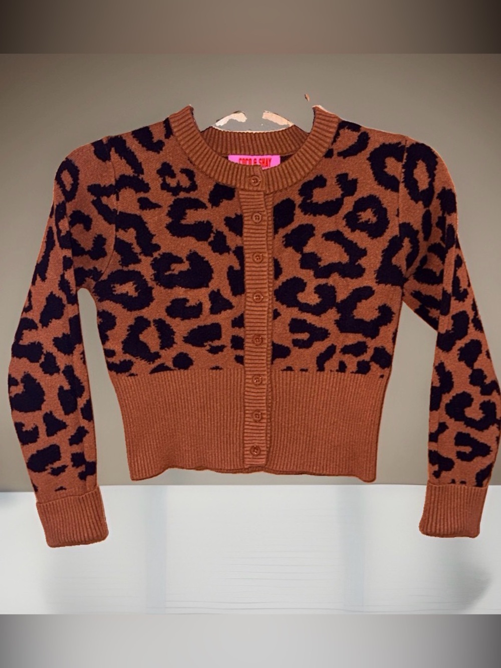 Coco & Shay Cropped Leopard Print Button-Front Cardigan-Brown/Black-XS-EC